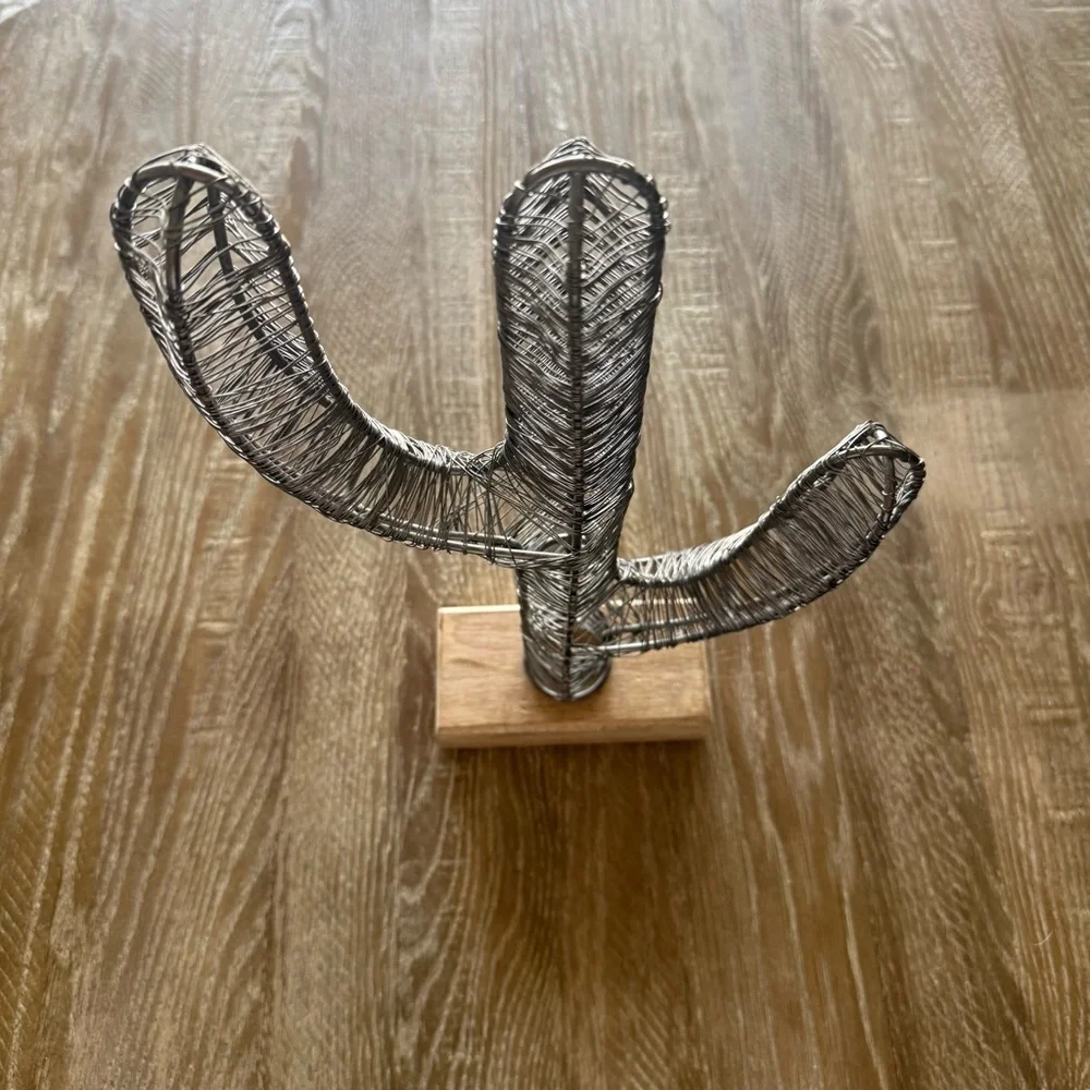 Wire Cactus Sculpture with Wooden Base